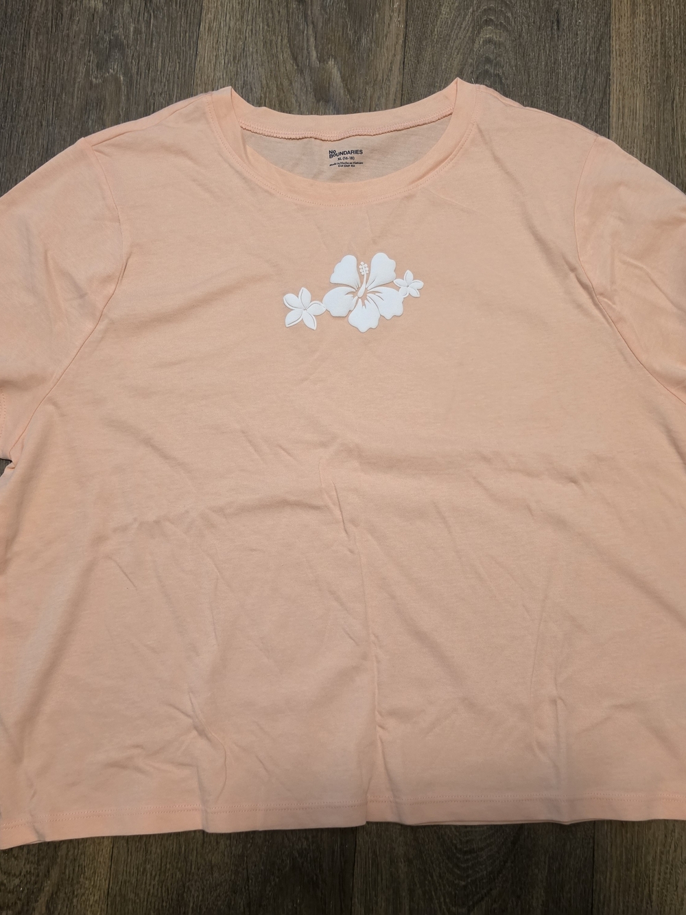 No Boundaries Peach Tee with White Floral Chest Graphic